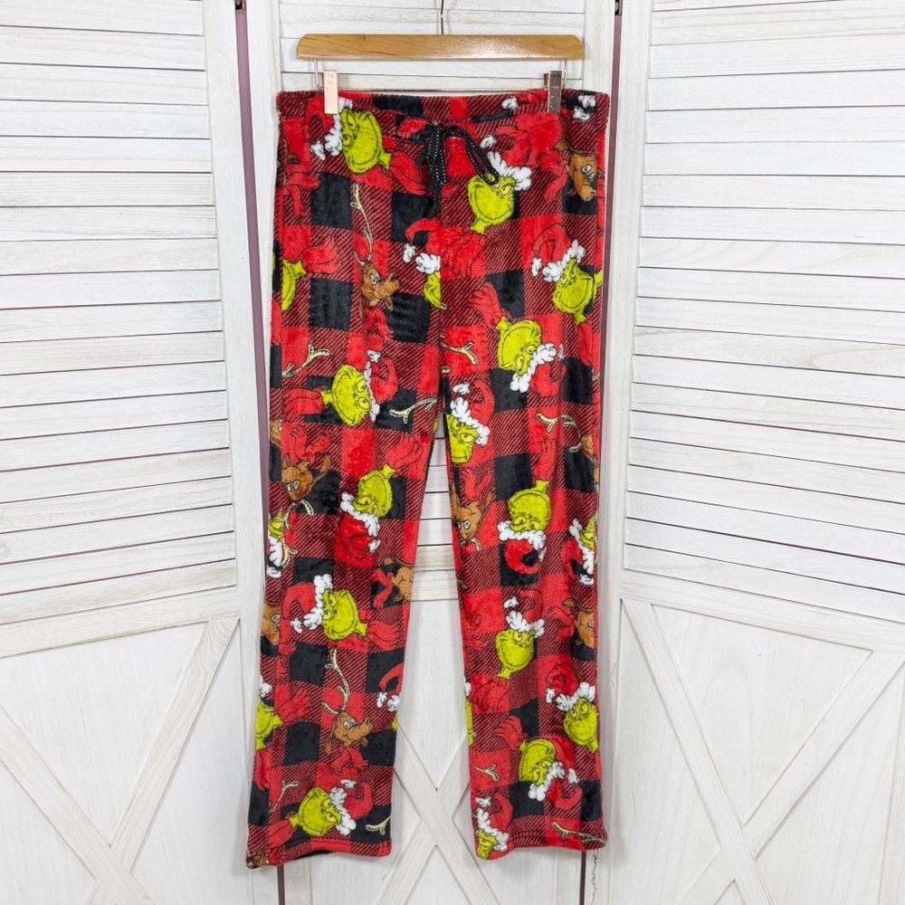 Dr. Seuss The Grinch Max Buffalo Check Fleece Lounge Pajama Pants Red Large